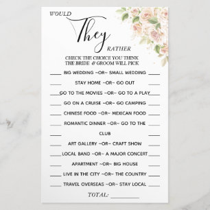 Floral Would They Rather shower game card 