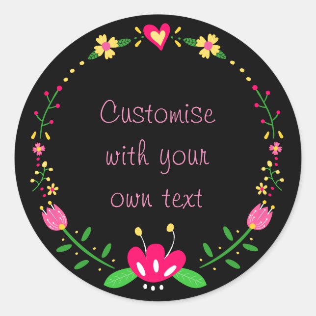 Floral Wreath Add Your Own Text Classic Round Sticker (Front)