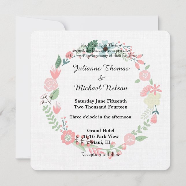 Floral Wreath and Heart Wedding Invitation (Front)