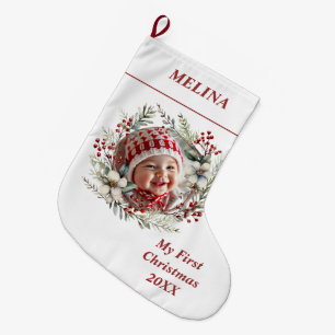 Floral wreath Baby's First Christmas name photo Large Christmas Stocking