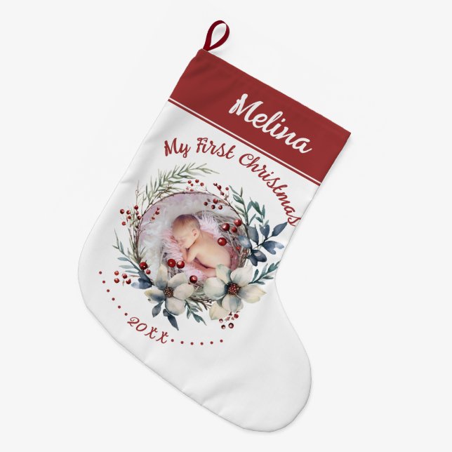 Floral wreath Baby's First Christmas photo Large Christmas Stocking (Front (Hanging))