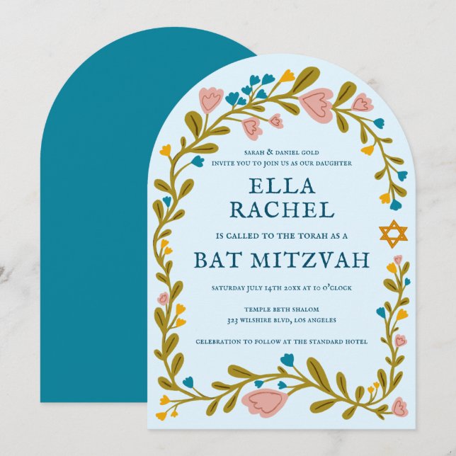 Floral Wreath Bat Mitzvah Hand-drawn Custom Arch Invitation (Front/Back)