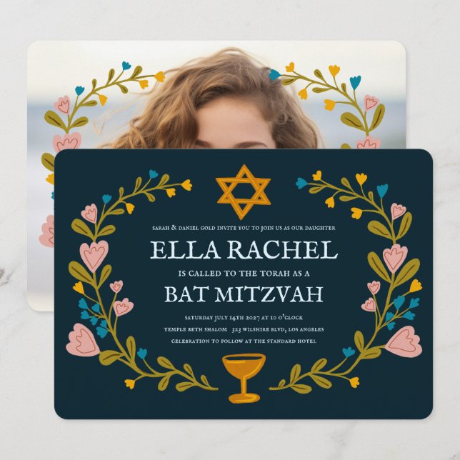 Floral Wreath Bat Mitzvah Hand-drawn Custom  Invitation (Front/Back)