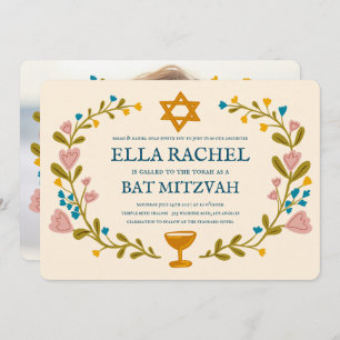 Floral Wreath Bat Mitzvah Hand-drawn Custom Invitation