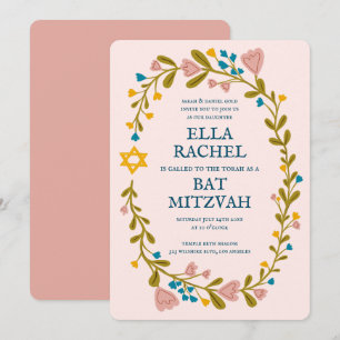 Floral Wreath Bat Mitzvah Hand-drawn Custom Invitation