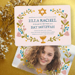Floral Wreath Bat Mitzvah Hand-drawn Custom  Invitation<br><div class="desc">Perfect card to announce a bar mitzvah, bat mitzvah or other Jewish celebration! Hand made art for you! FULLY CUSTOMIZABLE! Click on “Personalize” above to edit the text and add your own photo to the back. Click "edit using design tool" to adjust the fonts, colours and placements. Also you can...</div>