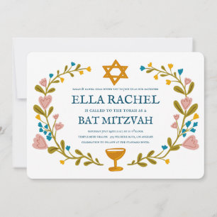 Floral Wreath Bat Mitzvah Hand-drawn Custom Invitation
