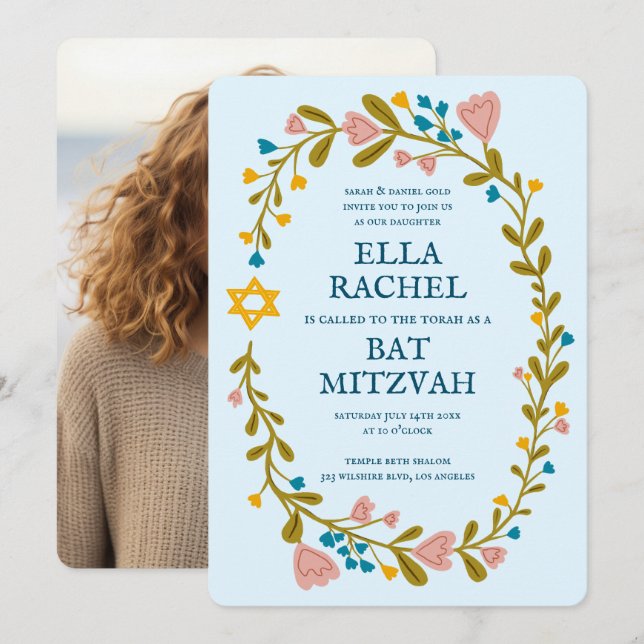 Floral Wreath Bat Mitzvah Hand-drawn Custom Photo Invitation (Front/Back)