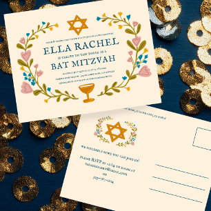 Floral Wreath Bat Mitzvah Hand-drawn Custom Postcard