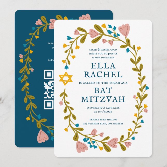 Floral Wreath Bat Mitzvah Hand-drawn Custom QRcode Invitation (Front/Back)