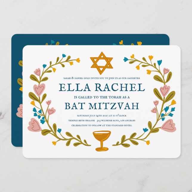 Floral Wreath Bat Mitzvah Hand-drawn Custom QRcode Invitation (Front/Back)