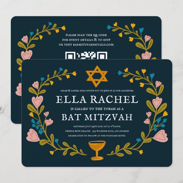 Floral Wreath Bat Mitzvah Hand-drawn Custom QRcode Invitation (Front/Back)