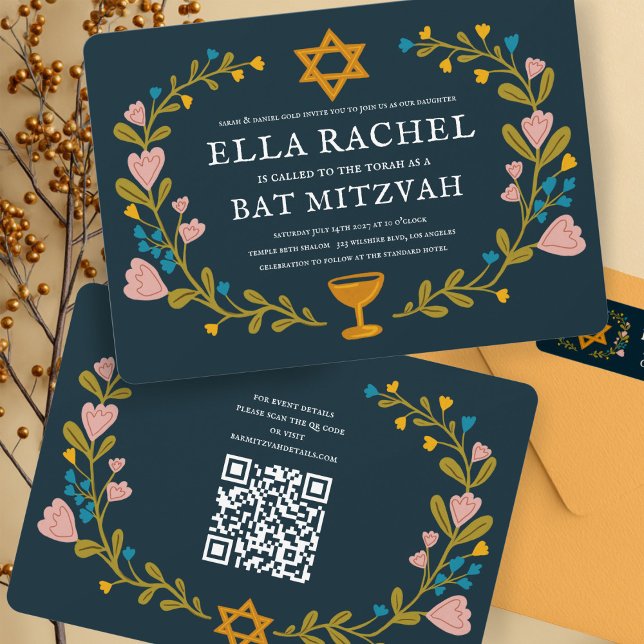 Floral Wreath Bat Mitzvah Hand-drawn Custom QRcode Invitation (Floral Wreath Bat Mitzvah Hand-drawn Custom QR code Invitation
)
