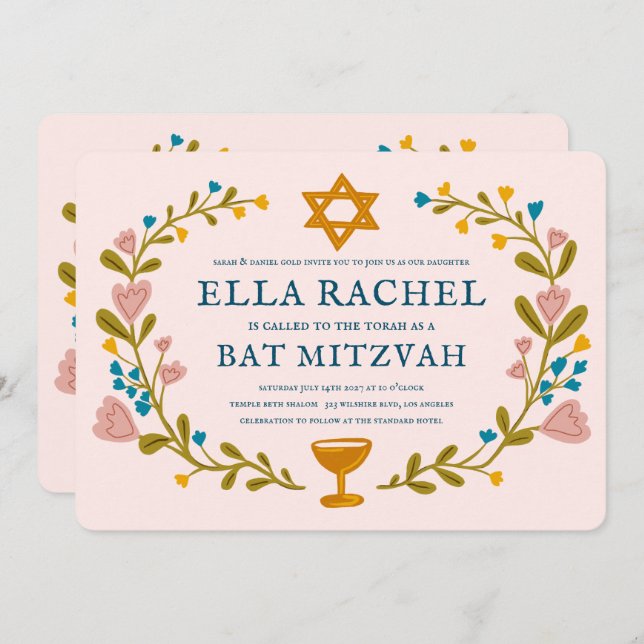 Floral Wreath Bat Mitzvah Hand-drawn Custom QRcode Invitation (Front/Back)