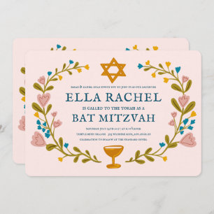 Floral Wreath Bat Mitzvah Hand-drawn Custom QRcode Invitation