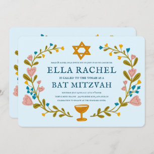 Floral Wreath Bat Mitzvah Hand-drawn Custom QRcode Invitation