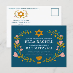 Floral Wreath Bat Mitzvah Hand-drawn Custom QRcode Postcard