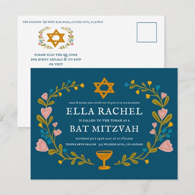 Floral Wreath Bat Mitzvah Hand-drawn Custom QRcode Postcard (Front/Back)