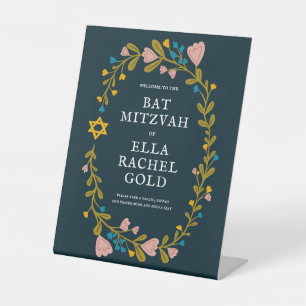 Floral Wreath Bat Mitzvah Hand-drawn Custom Welcom Pedestal Sign