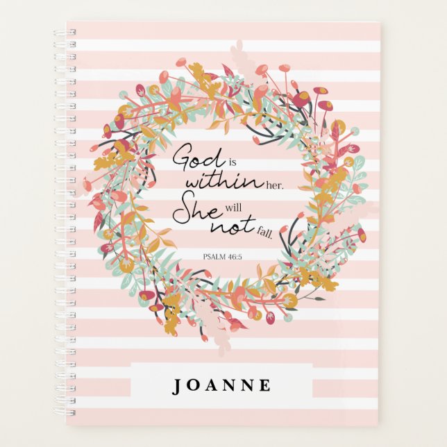 Floral wreath Bible verse Psalms Pink Stripes Planner (Front)