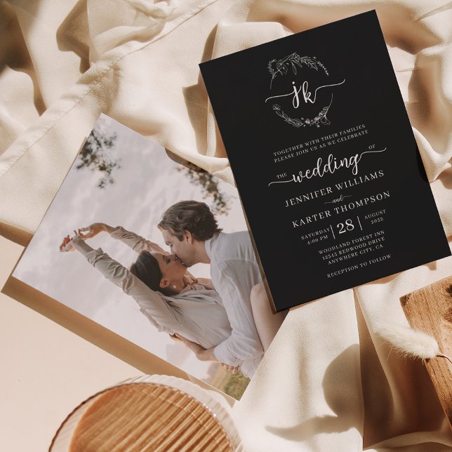 Floral Wreath Black White Monogram Photo Wedding  Invitation (Creator Uploaded)