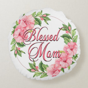Floral Wreath Blessed Mom Round Pillow
