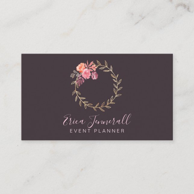 Floral Wreath Blooms On Grey Event Planner Business Card (Front)