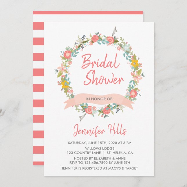 Floral Wreath Bridal Shower Invitation (Front/Back)