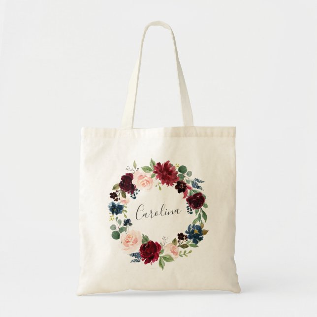 Floral Wreath Burgundy and Navy Blue Tote Bag (Front)