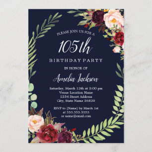 Floral Wreath Burgundy Navy 105th Birthday Invitation