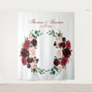 Floral wreath Burgundy wedding photo backdrop Tapestry