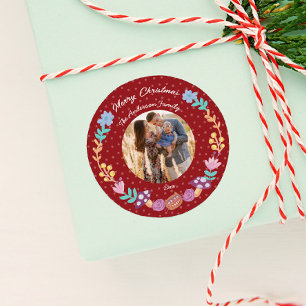 Floral wreath cheshire cat red Christmas photo Classic Round Sticker