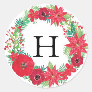 Floral Wreath Christmas Personalized Initials Classic Round Sticker