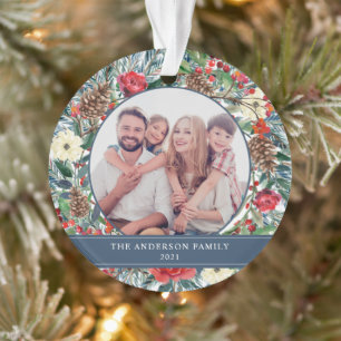 Floral Wreath Christmas Personalized Photo Blue Ornament