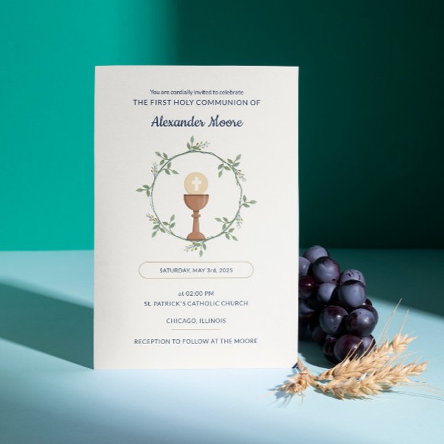 Floral Wreath Communion Invitation – Custom Text (Horizontal First Communion card invitation with Floral Wreath)
