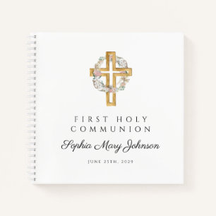 Floral Wreath Cross First Communion Guestbook Notebook