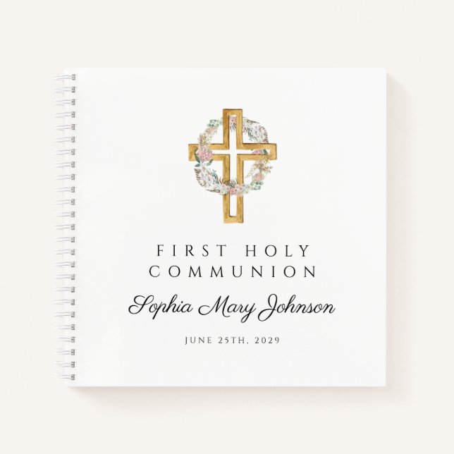 Floral Wreath Cross First Communion Guestbook  Notebook (Front)