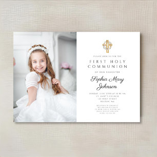 Floral Wreath Cross Photo Girl First Communion Invitation