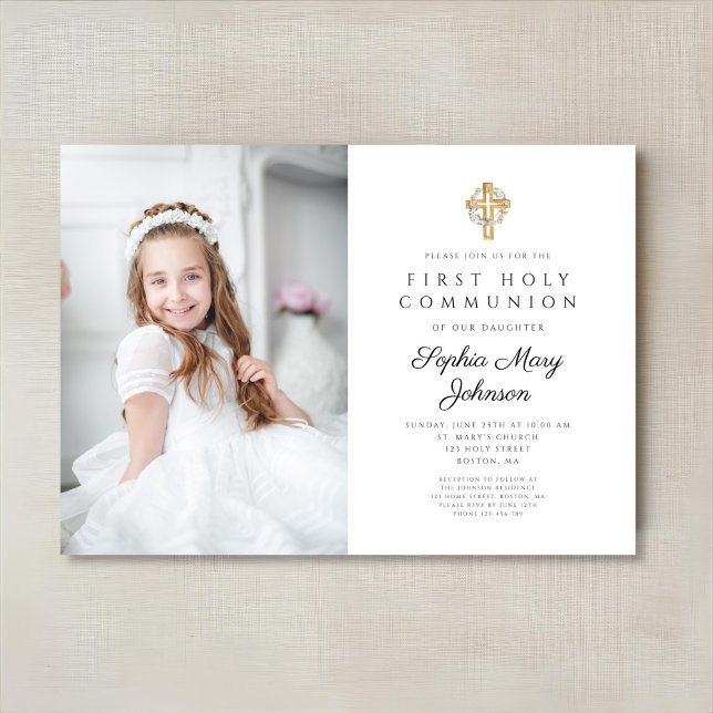 Floral Wreath Cross Photo Girl First Communion Invitation (Floral Wreath Cross Photo Girl First Communion Invitation)