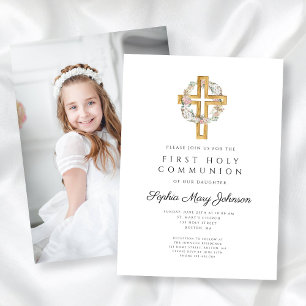 Floral Wreath Cross Photo Girl First Communion Invitation