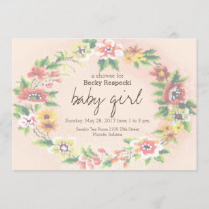 Floral Wreath Cross-stitch Baby Shower Invitation