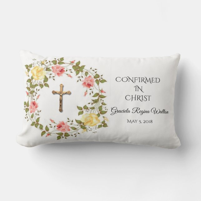 Floral Wreath Crucifix Yellow Pink Roses Lumbar Pillow (Front)