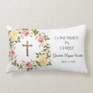 Floral Wreath Crucifix Yellow Pink Roses Lumbar Pillow
