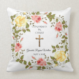 Floral Wreath Crucifix Yellow Pink Roses Throw Pillow