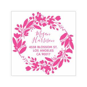 Floral Wreath Cursive Fuchsia Return Address Self-inking Stamp