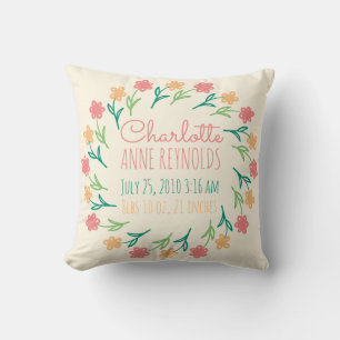 Floral Wreath Custom Birth Announcement Throw Pillow