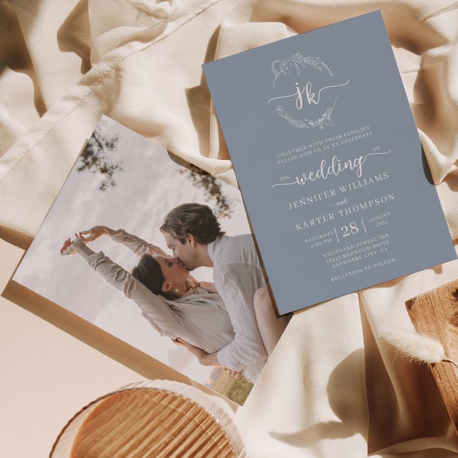 Floral Wreath Dusty Blue Monogram Photo Wedding  Invitation (Creator Uploaded)