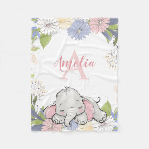 Floral Wreath Elephant Personalized Girl Fleece Blanket