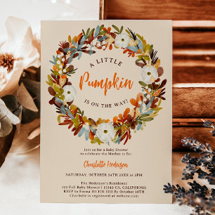 Floral wreath fall little pumpkin baby shower invitation
