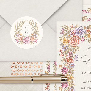 Floral Wreath Fall Monogram Crest Wedding Classic Round Sticker